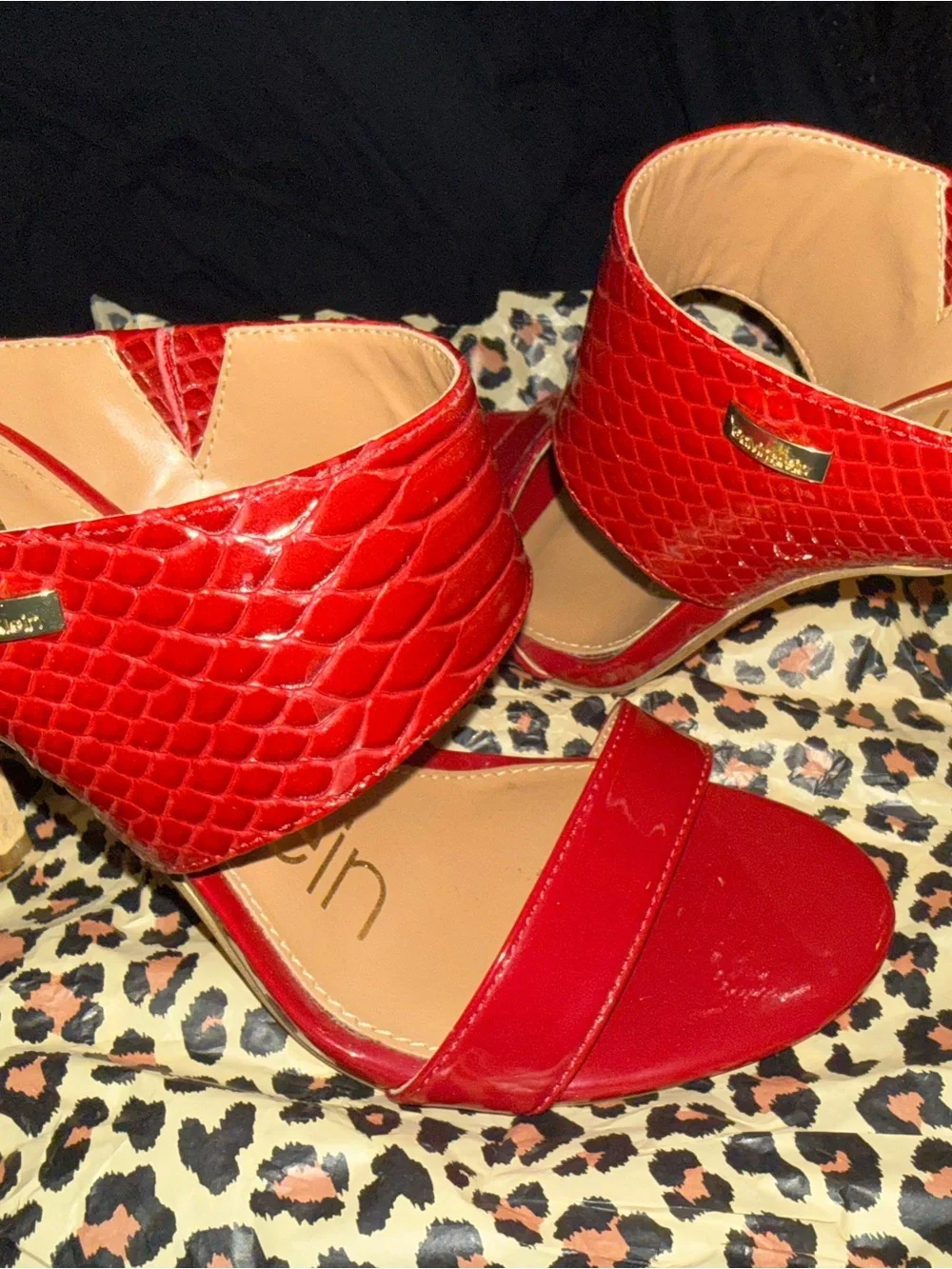 Calvin Klein Red Croc-Embossed Open-Toe Heeled Sandals